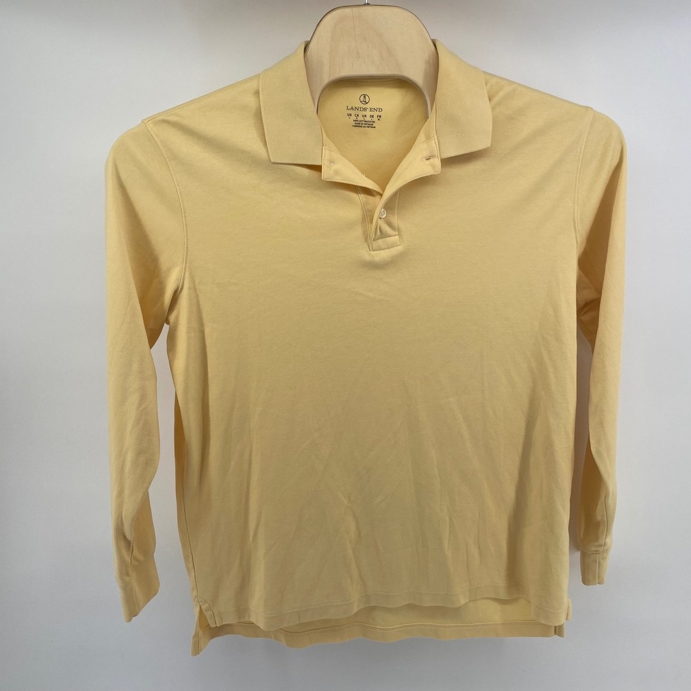 Lands End Mens Long Sleeve Polo Shirt Yellow 100% Cotton Large L Classic Fit
